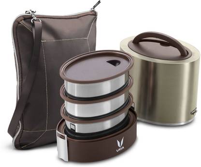Vaya Tyffyn Lyte 1000 ml Graphite Polished Stainless Steel Tiffin Box with BagMat (One 400 ml + Two 300 ml Containers) - 3 Containers Lunch Box