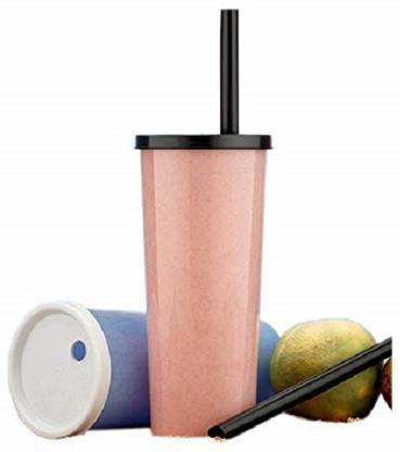 Luxafare Drinking Glass with Inbuilt Straw for Juice and Water Plastic Coffee Mug