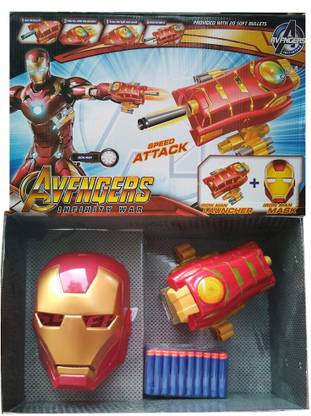 IndusBay Ironman Face Mask and Soft Foam Bullet Hand Blaster Attachment
