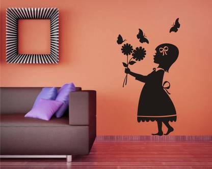 Radheykrishnadecor 95 cm Decals Design Wall Sticker 'Cute Girl with Flying Butterflies Self Adhesive Sticker