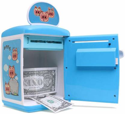 Magicwand Musical Money Safe Kids Piggy Savings Bank with Finger Print Sensor & Solitaire Stickers (Blue & White) Coin Bank