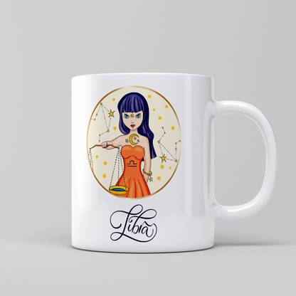 Relic Touch Libra Minimal Cartoon Girl Art Zodiac Sign White Ceramic Coffee Mug