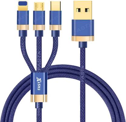 FASTX Micro USB Cable 2 A 1 m 3.0A 3 in 1 Cable Nylon Duo Jean Braided Fast/Rapid/Super Charging Cable for Micro USB, i OS & Type C Devices. 3.3 ft Compatible with Most Devices