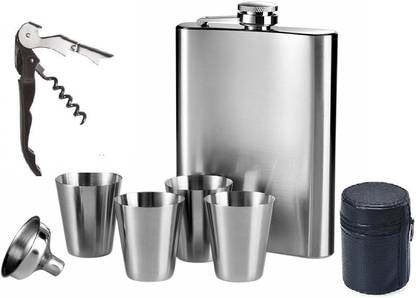 Protos India.Net Hip Flask Wine Bottle Opener Funnel Peg Measurer Shot Glasses 8 - Piece Bar Set