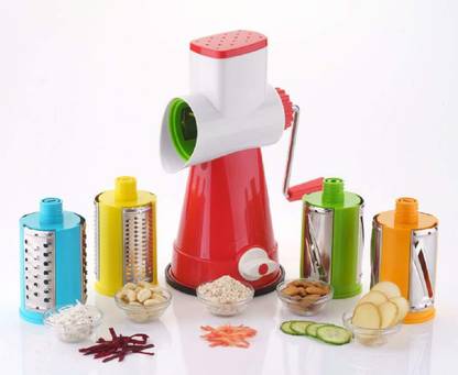 Paybox 4 in 1 Drum Rotary Vegetable Cutter, Shredder, Grater & Slicer Vegetable Grater & Slicer (1 x Main Unit with Handle & Pusher, 1 x Thin Slicer, 1 x Thick Slicer, 1 x Thin Shredder, 1 x Thick Shredder) Vegetable & Fruit Grater & Slicer