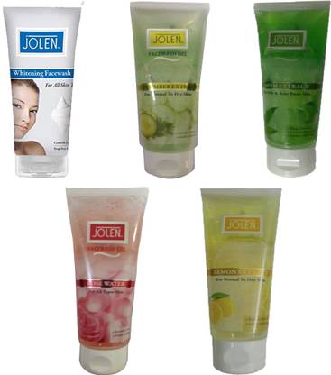 JOLEN 1 WHITENING FACE WASH (60ML)+1 FACE WASH GEL NEEM EXTRACT(60ML)+1 FACE WASH GEL LEMON EXTRACT(60ML)+1 FACE WASH GEL CUCUMBER EXTRACT (60ML)+ 1 FACEWASH GEL ROSE WATER EXTRACT(60ML) Face Wash