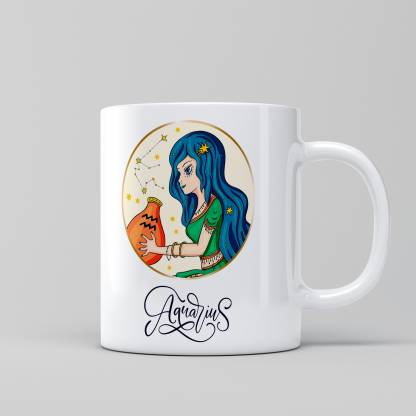 Relic Touch Aquarius Minimal Cartoon Girl Art Zodiac Sign White Ceramic Coffee Mug