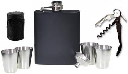 Protos India.Net Black Matt Hip Flask Funnel Wine Bottle Opener Shot Glasses 8 - Piece Bar Set