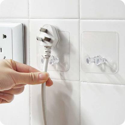 JAZLOG Strong Adhesive Hook Power Plug Socket Hanger Holder Wall Mounted Self Sticky Hooks Multi-Function Wall Storage Hooks Pack of 02 Swivel Hook 2