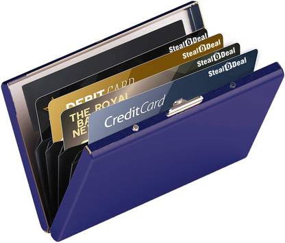 StealODeal RFID Protected Slim Blue Stainless Steel Debit/Credit/ATM Slots 6 Card Holder