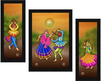 Art Amori Traditional Dance of Gujarat garba 3 Piece Painting with Synthetic Frame Digital Reprint 20 inch x 30 inch Painting