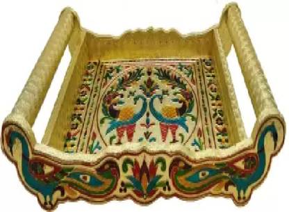 REAL HOMES Oxidised Wooden Meenakari Peacock Design Serving Tray