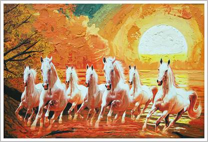 Seven Horses Running on Sunshine Background Vastu Paper Poster Paper Print