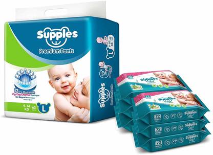 Supples Baby Pants Diapers, Large, 62 Count with Wet Wipes (Pack of 6)