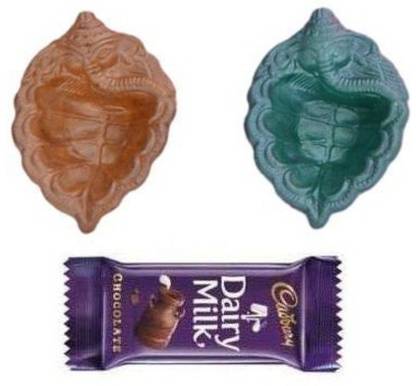 Indigo Creatives Diwali Gift of 2 Ganesh Designer Diya Set with 1 Cadbury Chocolates Earthenware Gift Box