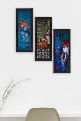eCraftIndia Set Of 3 Lord Krishna and Lordess Radha Satin Matt Textured UV Canvas 53.34 cm x 40.64 cm Painting