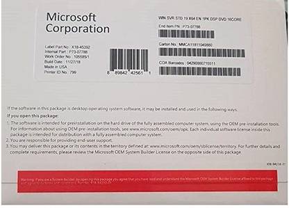 MICROSOFT Windows Server 2019 Standard 64 Bit DVD 16 Core