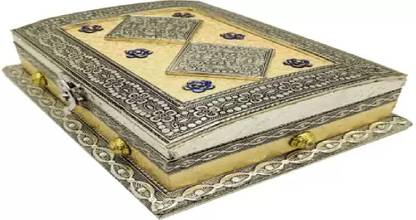 REAL HOMES Rajwadi Wooden Germen Oxidised Golden Color Meenakari Dry Fruit Box With 4 Compartment, Sweet Box, Chocolate Box, Gift Box, Wedding Function For Home Wood Decorative Platter