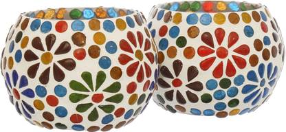 JaipurCrafts Set of 2 Mosaic Glass TeaLight Votive Candle Holder with Tea Light Candles for Living Room Table Home Decor Indoor Outdoor Decorations (Multicolor, Glass) Glass 2 - Cup Tealight Holder Set