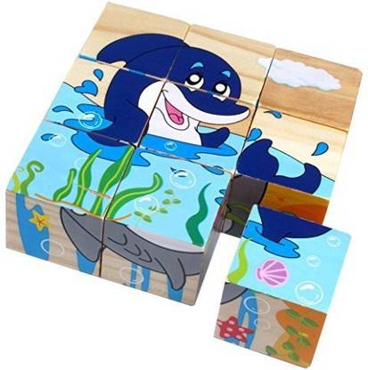 Trinkets & More 3D 6 Face Animal Block Puzzle 6 in 1 Wooden Cube Toys Boys Girls 3+(Aquatic)