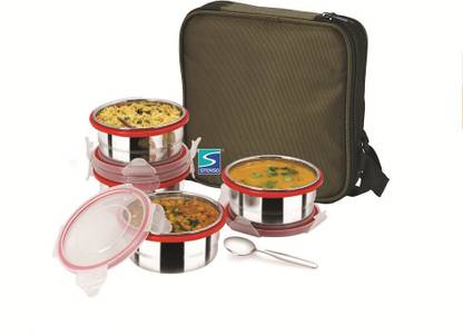 STENSO Donito 4c, 4 Stainless Steel Airtight Containers + Click & Lock Lid + Spoon (600 ml) 4 Containers Lunch Box