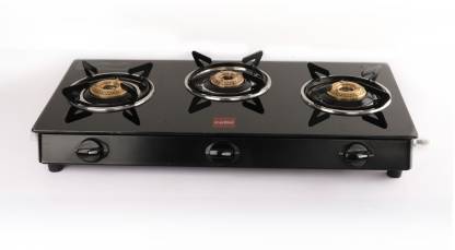 cello Prima Gas Stove 3 Burner Glass Top ISI Certified, Black Stainless Steel Manual Gas Stove