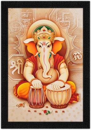 Wrap Up Box Ganesha Playing Dholak Painting with Synthetic Frame Digital Reprint 14 inch x 20 inch Painting