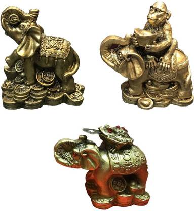Vyne Trunk Up Elephant on Money , Monkey On Elephant & Frog On Decorative Showpiece  -  7.5 cm