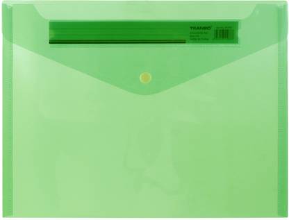 TRANBO Plastic A4 Clear Document Bag Transparent Envelope File Folder with Snap Button, Pack of 1, Green