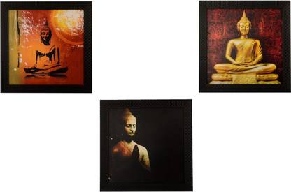 eCraftIndia Set Of 3 Meditating Buddha Satin Matt Texture UV Ink 10 inch x 10 inch Painting