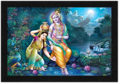 Art Amori Radhe Krishna On Panghat Painting with Synthetic Frame Digital Reprint 14 inch x 20 inch Painting