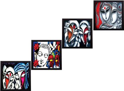 eCraftIndia Set Of 4 Abstract Radha Krishna Satin Matt Texture UV Ink 10 inch x 40 inch Painting