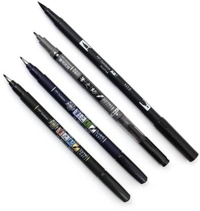 Tombow Fudenosuke Pen Combo - Hard (GCD-111), Soft (GCD-112), Dual Brush(GCD-121) and Dual Pen Black (N15) Marker Ink