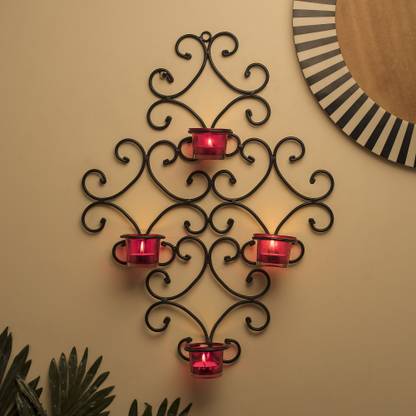 Flipkart SmartBuy 4-Votive Victorian Black Iron Wall Sconce Candle Holder, Red Candle Wall Art Iron, Glass Tealight Holder