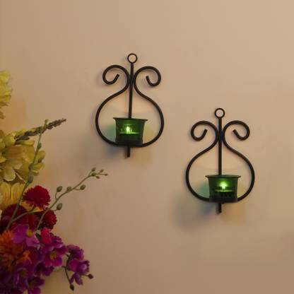 Homesake Set of 2 Decorative Wall Sconce/Candle Holder With Green Glass and Free T-light Candles Glass, Iron 2 - Cup Tealight Holder Set