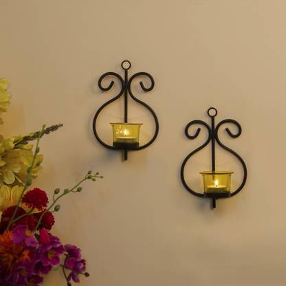 Homesake Set of 2 Decorative Wall Sconce/Candle Holder With Yellow Glass and Free T-light Candles Glass, Iron 2 - Cup Tealight Holder Set