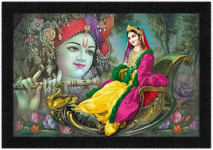 ADS Art Poster Beautiful Radha Rani With Lord Krishna Painting with Synthetic Frame Digital Reprint 14 inch x 20 inch Painting