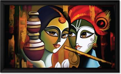 ArtX Radha Krishna Romantic Love Framed Painting For Home Decorative Ink 8.5 inch x 13.5 inch Painting
