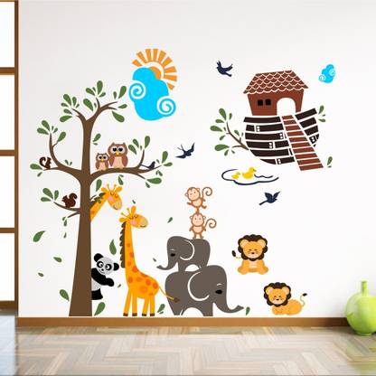 Decal O Decal 100 cm Baby Animals Playing in Jungle Lion,Elephant,Monkey,Giraffie,Panda and Birds Wall Stickers (PVC Vinyl,Multicolour) Self Adhesive Sticker