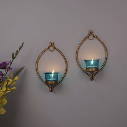 Flipkart SmartBuy Set of 2 Decorative Golden Eye Wall Sconce Iron, Glass Tealight Holder Set