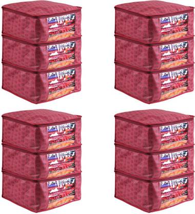 PRETTY KRAFTS Saree Cover Set of 12 Prints Big Size Wardrobe Organiser/Cloth Cover F1284_Maroon12_A