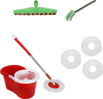 Autovilla Bucket Mop with 3 MicroFiber 1 Brush, 1 Wipper Mop Set, Floor Wiper, Toilet Brush