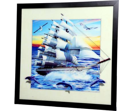 Deepashri Multi Dimensional /3D View Ship in the Sea Poster with Wooden Frame Digital Reprint 16 inch x 16 inch Painting