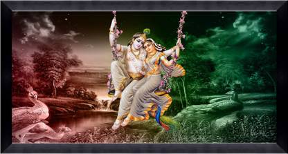 CATALOGWALA Radha Krishna Swing Painting Painting With Frame Digital Reprint 12 inch x 24 inch Painting