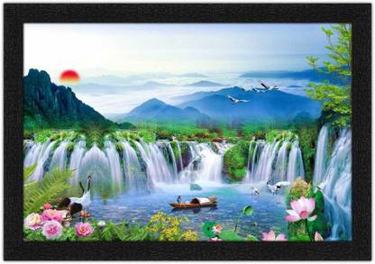 Art Amori Beautiful Waterfall Boat Painting with Synthetic Frame Digital Reprint 14 inch x 20 inch Painting