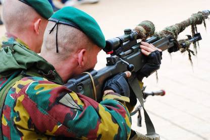 A Belgian paratrooper handling a sniper rifle Canvas Art - Luc De JaegerStocktrek Images (34 x 23) Canvas Art