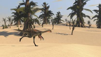 Gigantoraptor running across a prehistoric landscape Canvas Art - Kostyantyn IvanyshenStocktrek Images (38 x 22) Canvas Art