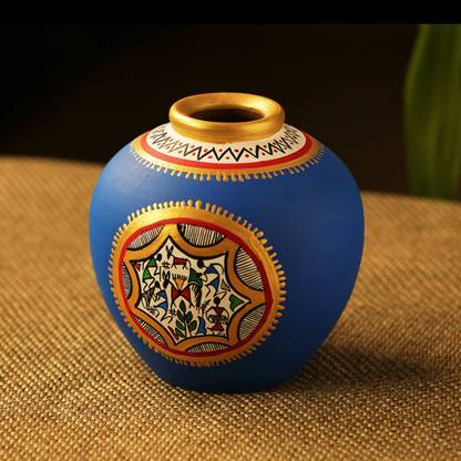 ExclusiveLane Warli Hand-Paint Matki-Shape (6 Inch, Blue) Terracotta Vase