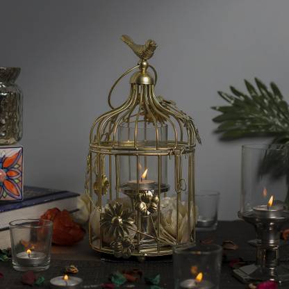 Flipkart SmartBuy Golden Bird Cage with Floral Vine Small Single, with hanging chain Iron Candle Holder