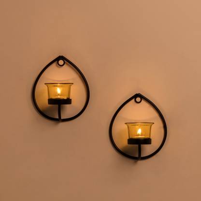 Flipkart SmartBuy Set of 2 Decorative Black Drop Wall Sconce/Candle Holder with Yellow Glass and Free T-Light Candles Iron 2 - Cup Tealight Holder Set